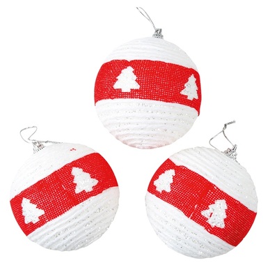 Polystyrene Christmas Balls 8 cm, Set of 3, White with Red Stripe and Trees