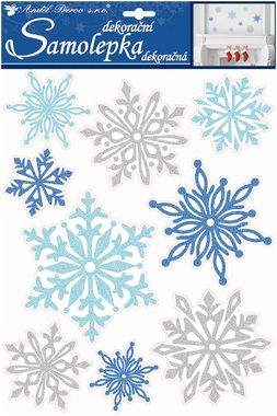 Stickers 35x27,5 cm, White and Blue Snowflakes with Glitters 