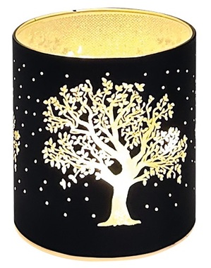 LED light cylinder warm white 10 x 9 cm with timer, 10 LED, black with tree motif