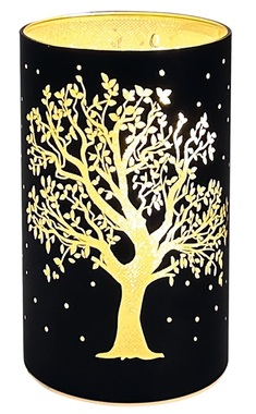 LED light cylinder warm white 15 x 9 cm with timer, 10 LED, black with tree motif