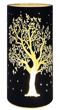 LED light cylinder warm white 20 x 9 cm with timer, 10 LED, black with tree motif