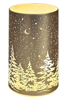 LED light cylinder warm white 12.8 x 7.5 cm with timer, 10 LED, gold with landscape motif
