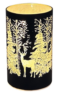 LED light cylinder warm white 12.8 x 7.5 cm with timer, 10 LED, black with landscape motif