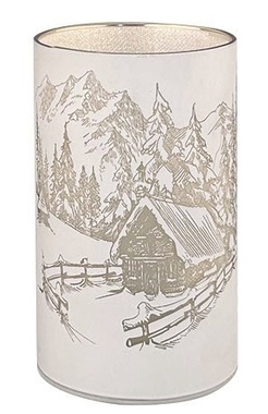 LED Light Cylinder, Warm White, o 9 x 20 cm, White with Landscape Motif 10 LED w/timer 