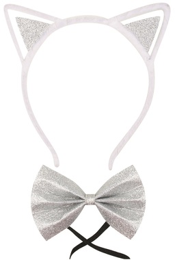 Headband with Ears and Bow, Silver Glitter
