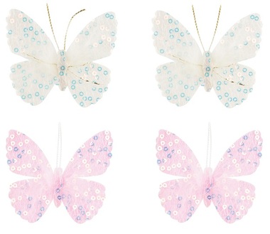 Butterfly w/Sequins and Feathers 6 cm, 4 pcs 