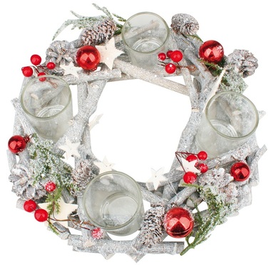 Advent Wreath, Grey with Red Baubles, Wooden, 30 cm