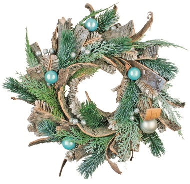Wreath, with Bark and Blue Baubles, 35 cm