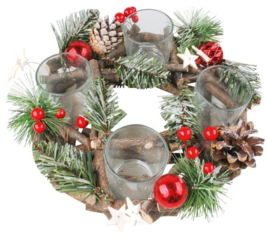 Wooden wreath with red decorations 23 cm 