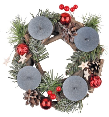 Wooden wreath for 4 candles w/red decorations 25 cm 