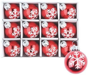 Glass Christmas Balls 3 cm, set of 12 pcs Red with White Snowflake