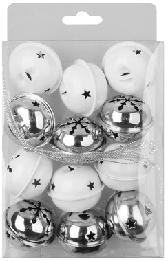 Metal Bells Silver and White 4 cm, 12 pcs