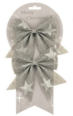 Jute Bow, Grey with Silver Stars 13 cm, 2 pcs