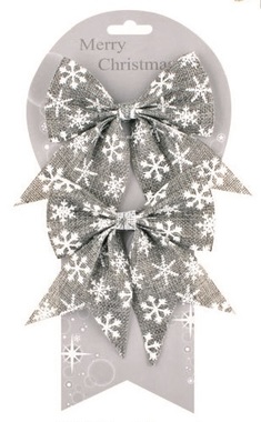 Jute Bow, Grey with White Snowflakes 13 cm, 2 pcs