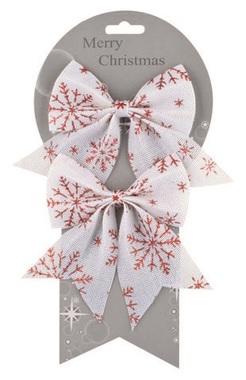 Bow, White with Red Snowflakes 13 cm, 2 pcs