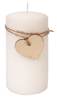 White Candle with Wooden Heart 7 x 14 cm, 48 Hours 