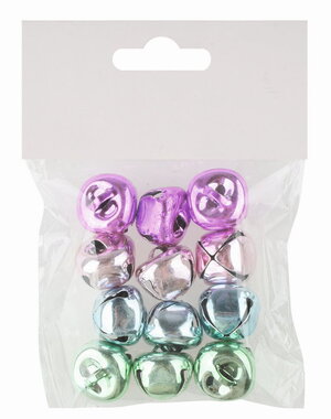 Pastel shiny Jingle Bells 2 x 1.5 x 2 cm for hanging, 12 pcs in a bag