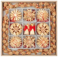 2299 Slaměné dekorace v dřevěné krabičce 51 ks s řetězem 2m-1