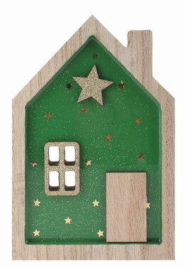 Wooden House glossy green 11.5 x 17 x 2 cm on stand