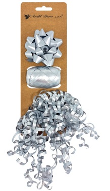 Silver Gift Wrapping Set, Rosette 7 x 3.5 x 7 cm, Ribbon 0.5 cm x 10 m, Curl with Sticker