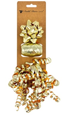 Gold Gift Wrapping Set, Rosette 7 x 3.5 x 7 cm, Ribbon 0.5 cm x 10 m, Curl with Sticker