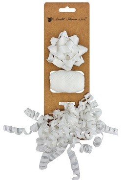 Gift Wrapping Set White, Rosette 7 x 3.5 x 7 cm, Ribbon 0.5 cm x 10 m, Curl with Sticker