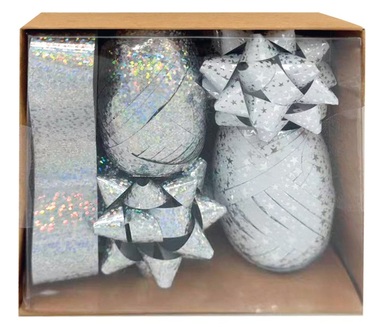 Gift Wrapping Set Silver, Rosette 5 x 2 x 5 cm 4 pcs, Ribbon 0.5 cm x 10 m 2 pcs, Ribbon 2 cm x 2 m