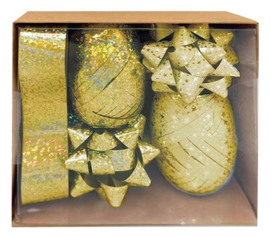 Gift Wrapping Set Gold, Rosette 5 x 2 x 5 cm 4 pcs, Ribbon 0.5 cm x 10 m 2 pcs, Ribbon 2 cm x 2 m