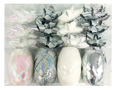 Gift Wrapping Set Silver, Rosette 5 x 2 x 5 cm 12 ks, Ribbon 0,5 cm x 10 m 4 ks