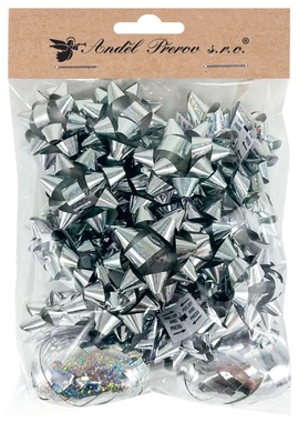 Gift Wrapping Set, Silver, Rosette 5 x 2 x 5 cm 20 pcs, Ribbon 0.5 cm x 10 m 2 pcs
