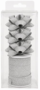 Gift wrapping Set silver with Glitter, Rosette O 6 x 2 cm 3 pcs, ribbon 1 cm x 10 m 1 pc