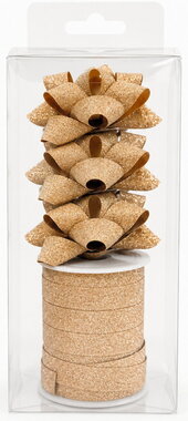 Gift wrapping Set gold with Glitter, Rosette 6 cm 3 pcs, Ribbon 1 cm x 10 m 1 pc