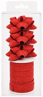 Gift wrapping Set red with Glitter, Rosette 6 cm 3 pcs, Ribbon 1 cm x 10 m 1 pc