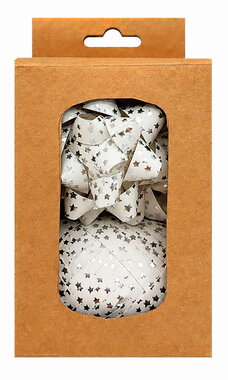 Gift wrapping Set silver Stars, Rosette 6.5 cm 2 pcs, Ribbon 1 cm x 20 m 1 pc