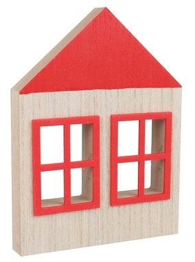 Standing wooden house with red window 13,5 x 18 cm