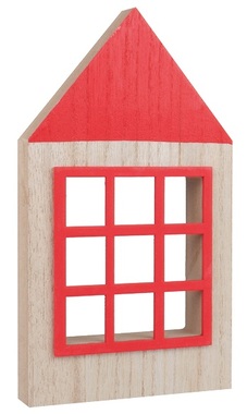 Standing wooden house with red window 11 x 20 cm