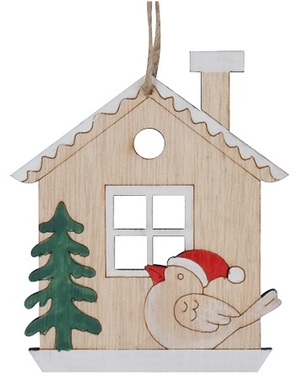 Wooden hanging house with bird in red hat 7 x 8 cm