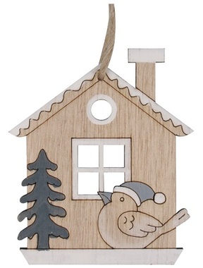 Wooden hanging house with bird in silver hat 7 x 8 cm