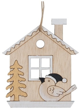 Wooden hanging house with bird in black hat 7 x 8 cm