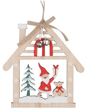 Wooden hanging house with red Santa 13 x 14,5 cm