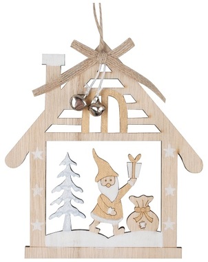 Wooden hanging house with gold Santa 13 x 14,5 cm