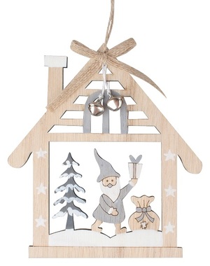 Wooden hanging house with silver Santa 13 x 14,5 cm