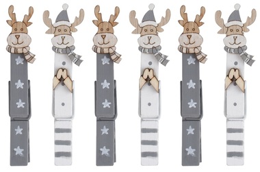 Grey reindeer on peg 8,5 cm, 6 pcs