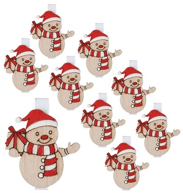 Red wooden snowman on peg 4 cm, 9 pcs