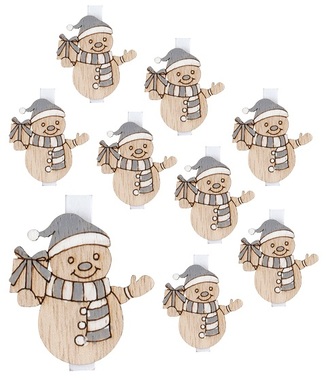 Grey wooden snowman on peg 4 cm, 9 pcs