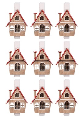 Wooden Houses on Peg Red 3 cm, 9 pcs 