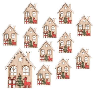 Wooden Houses with Deer with sticker 2.5 x 3.5 x 0.3 cm, 12 pcs in a Bag