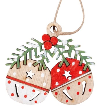 Wooden Jingle Bells for hanging 5 x 4.5 x 0.5 cm, 2 pcs in a Bag