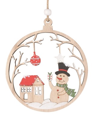 Wooden Ball with Snowman for hanging 11 x 12.5 x 0.5 cm, Red