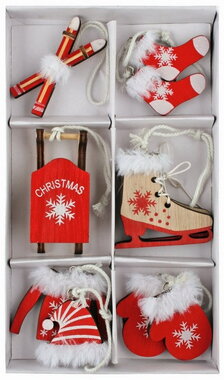 Winter decoration wooden Red approx. 5 x 5 x 0.3 cm for hanging, 6 pcs in a box
